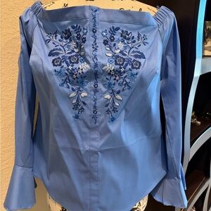 Express Blue Embroidered Off-Shoulder Blouse